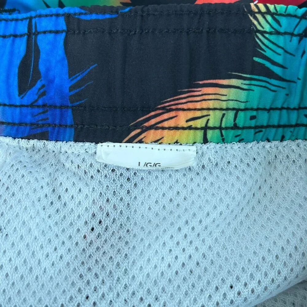 Surf Society Swim Trunks Shorts Mens Size L Black Neon Ombre Palm Floral Pockets